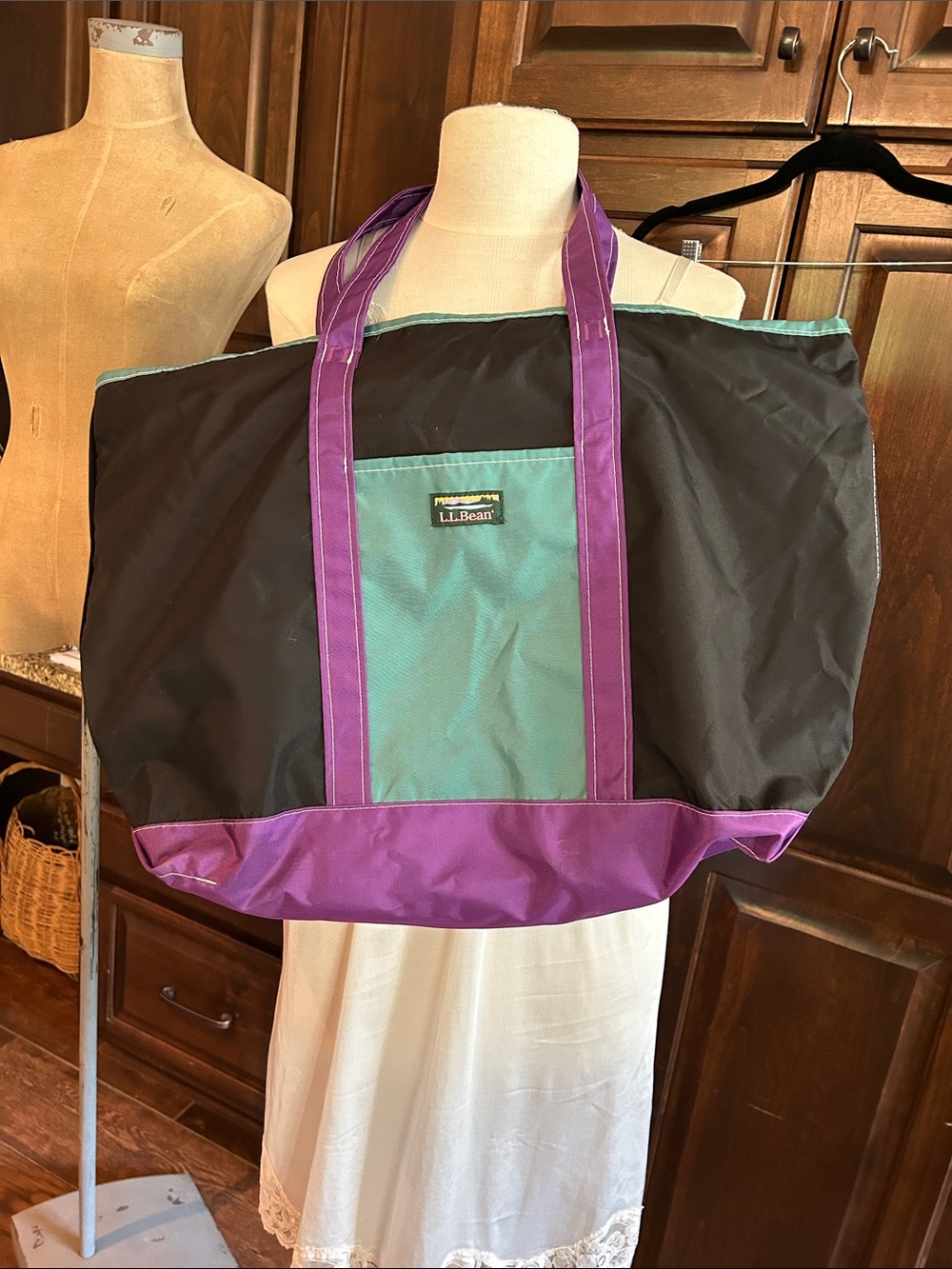 L.L. Bean Black, Teal and Purple Water Resistant Zip Top Nylon Tote
